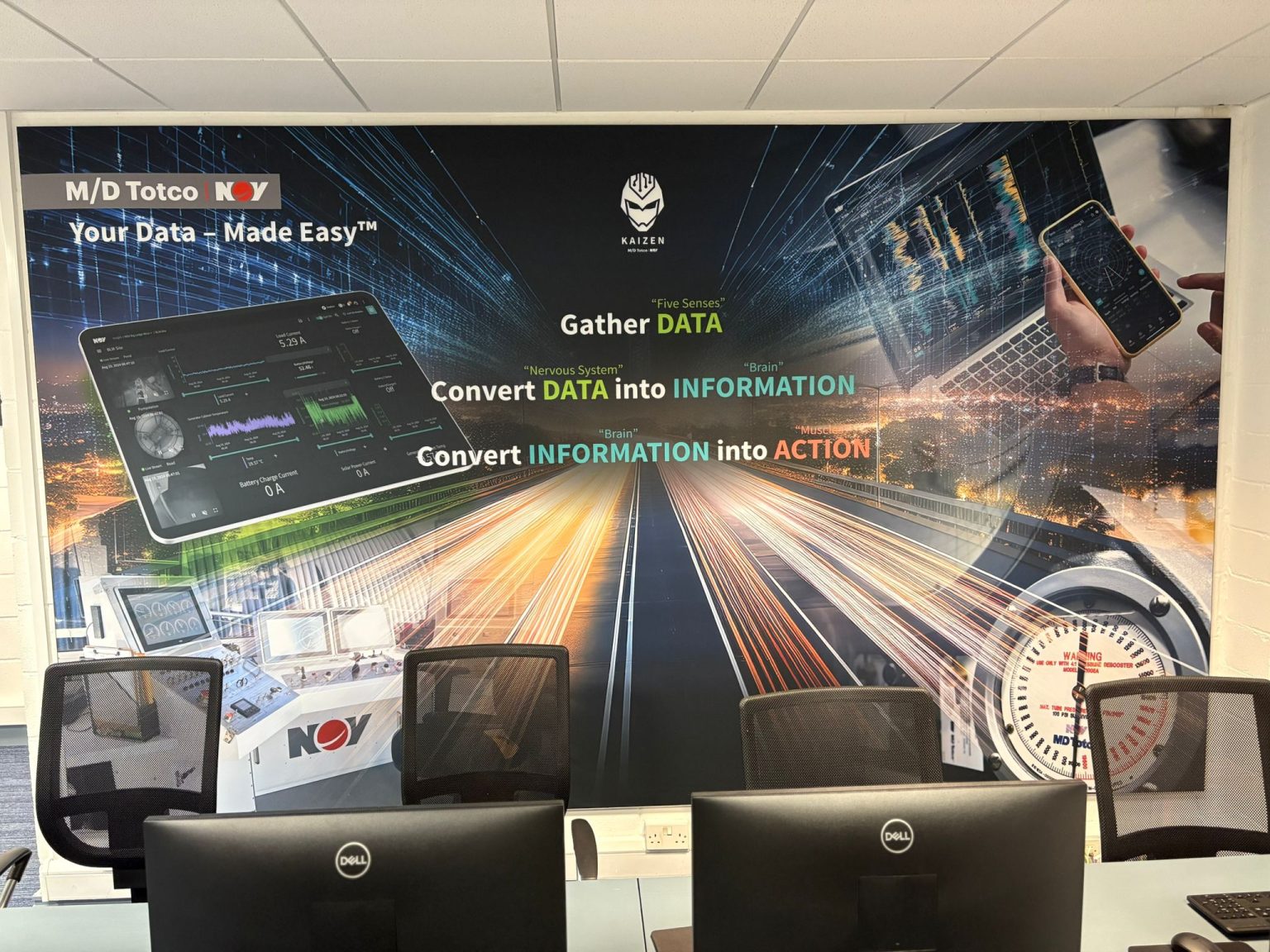 Image of NOV training room backdrop behind computer screens.