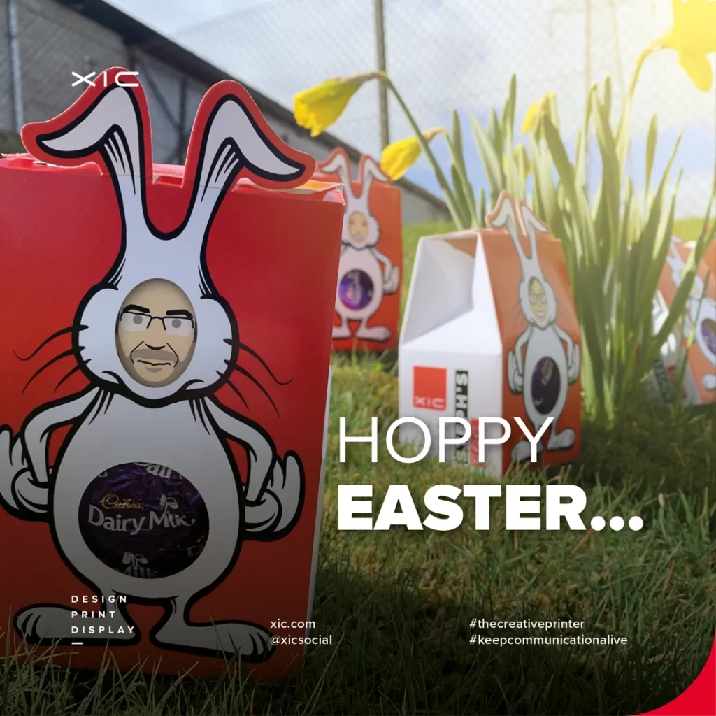 Image of bespoke easter egg boxes with text ready 'Hoppy Easter'.